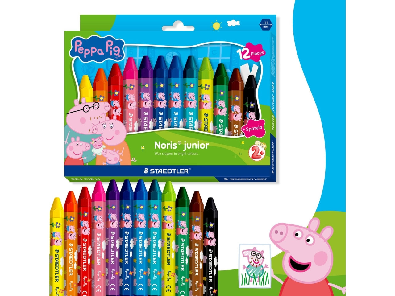 Noris junior 12 pastelli a cera peppa pig formato extra-jumbo 14mm colori assortiti