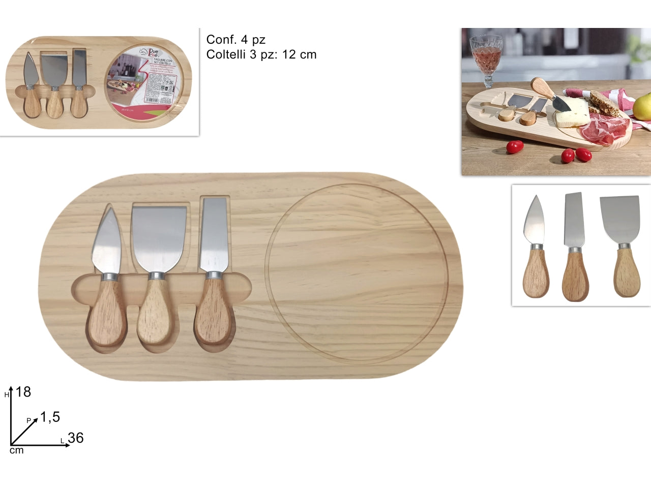 Tagliere legno 36x18cm con 3 coltellini