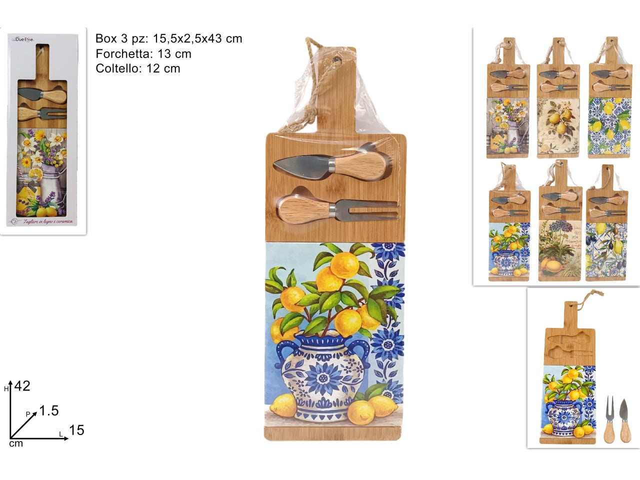Tagliere limoni in legno e ceramica con coltellini, decori assortiti