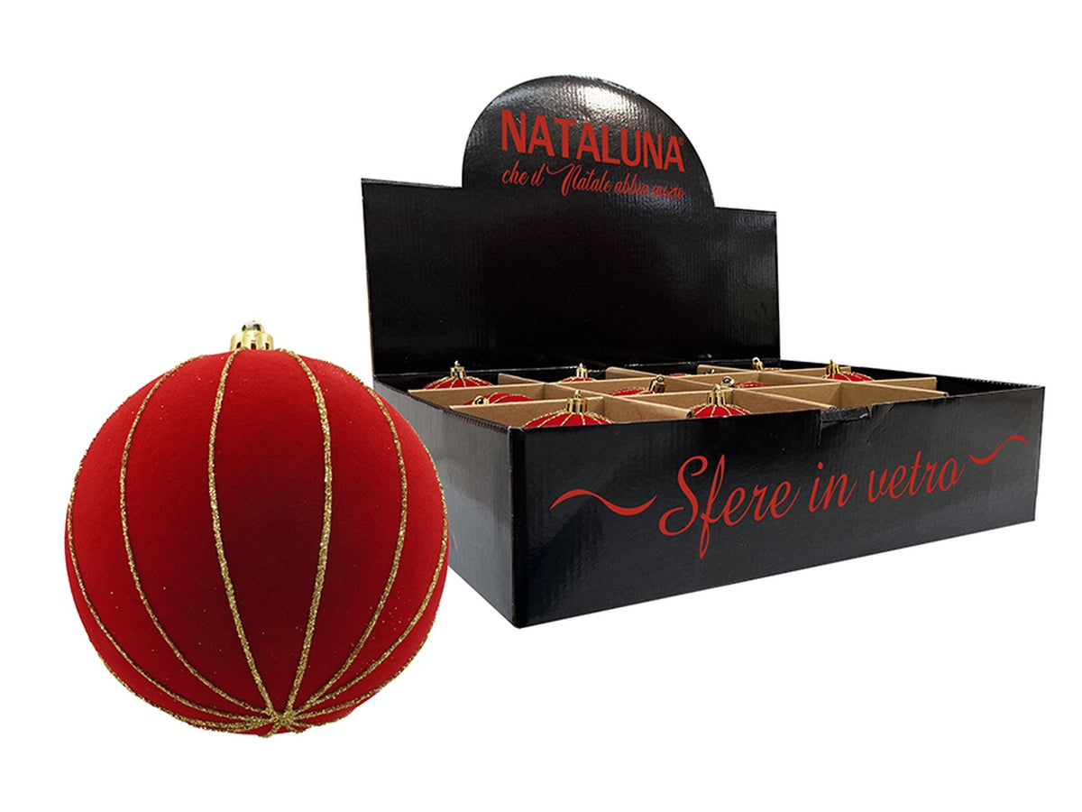 Sfera in vetro 8cm effetto velluto rosso con spicchi oro