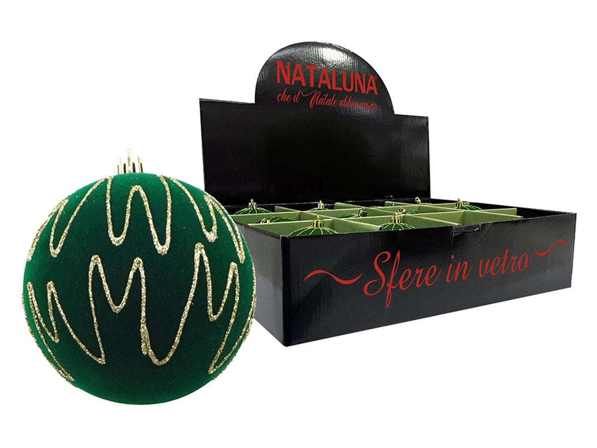Sfera in vetro 10cm effetto velluto verde con filo oro