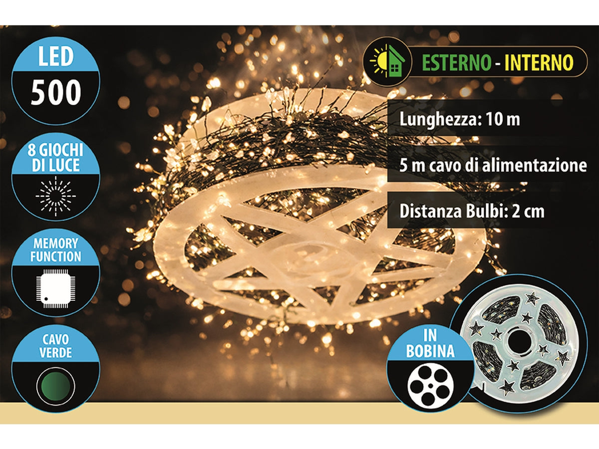 Luci a grappolo 500 microled bianco caldo con 8 giochi di luce, cavo verde da 10+5mt per uso interno e esterno