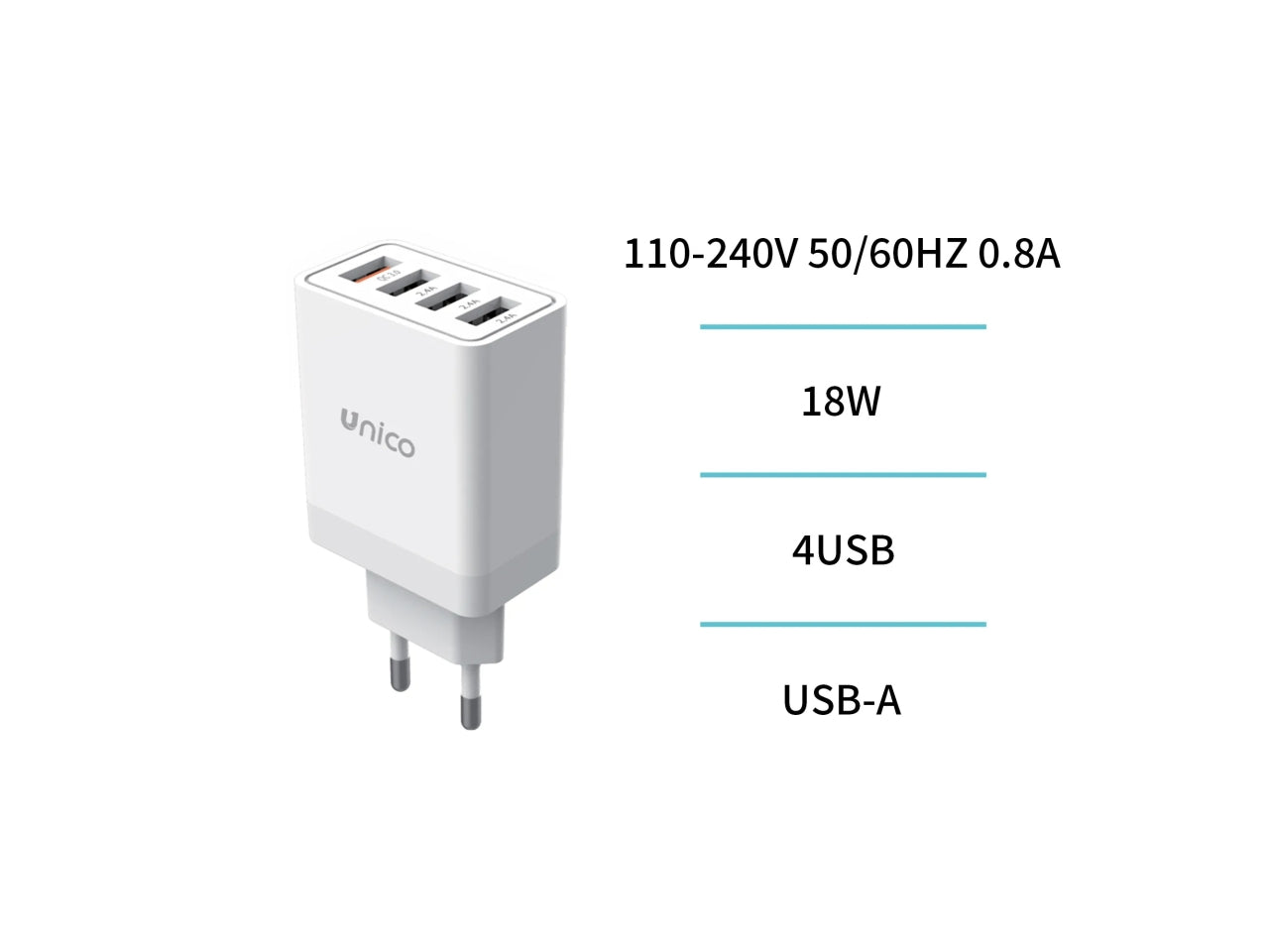 Caricatore DA viaggio 4porte 4x USB-A qc18w bianco