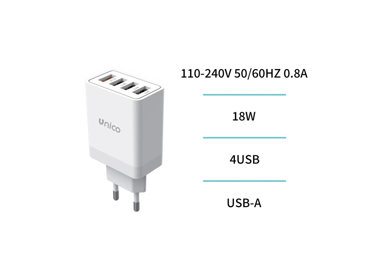 Caricatore DA viaggio 4porte 4x USB-A qc18w bianco