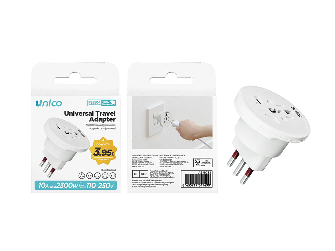 Adattatore universale da viaggio 10A bianco