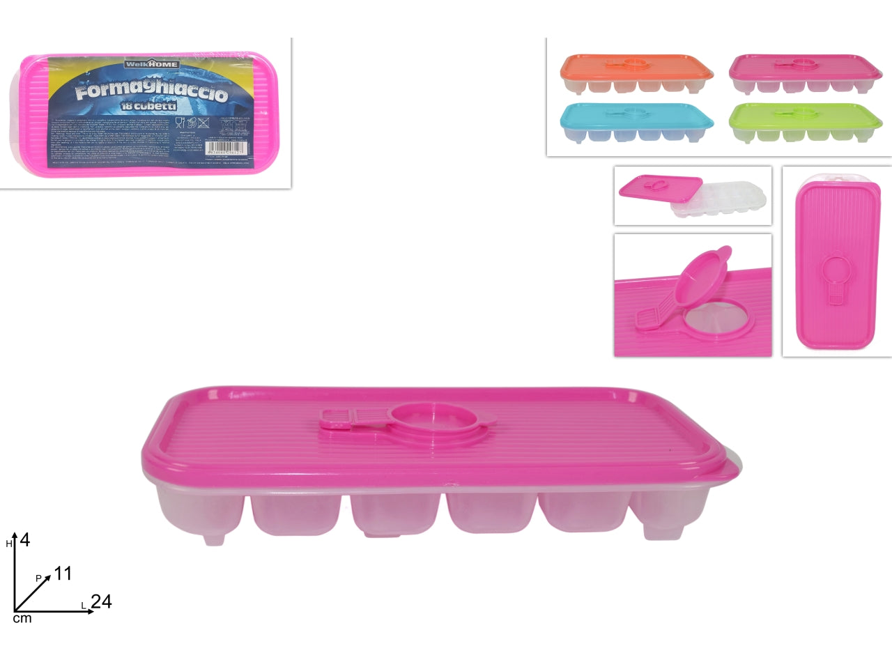 Formaghiaccio plastica c/coperchio 18 cubetti 4 ass.