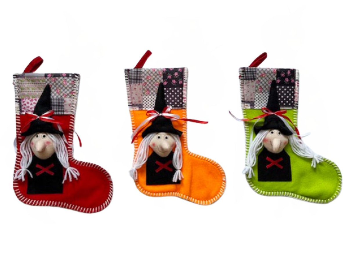 Calza Susanna 32cm in panno lenci con faccia della befana applicata, colori assortiti