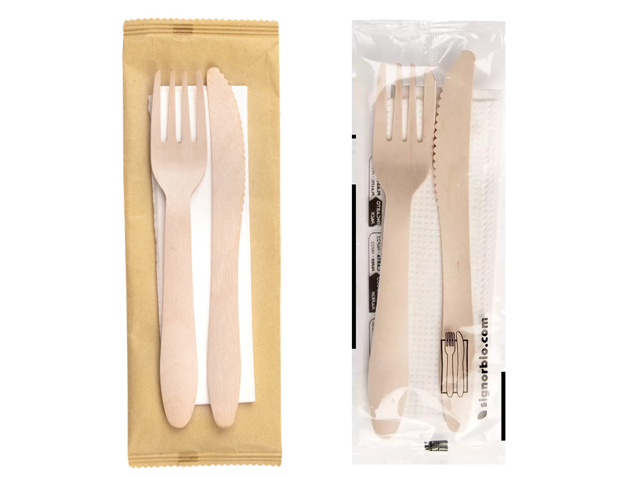 Bis posate in legno naturale Signor Bio 16,5cm con tovagliolo imbustati, confezione da 250 pezzi