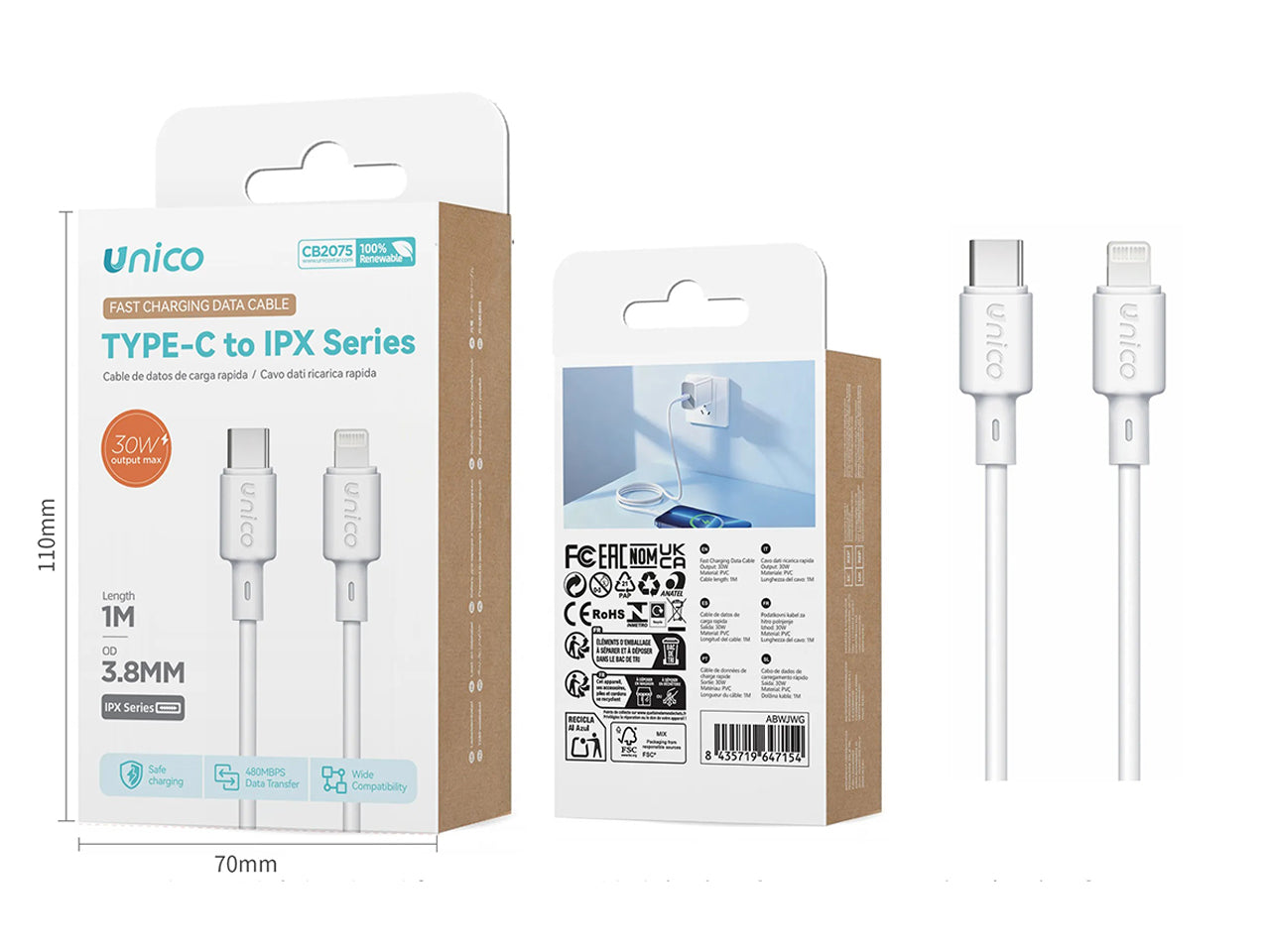 Cavo type-C+IPX 30W 1mt bianco