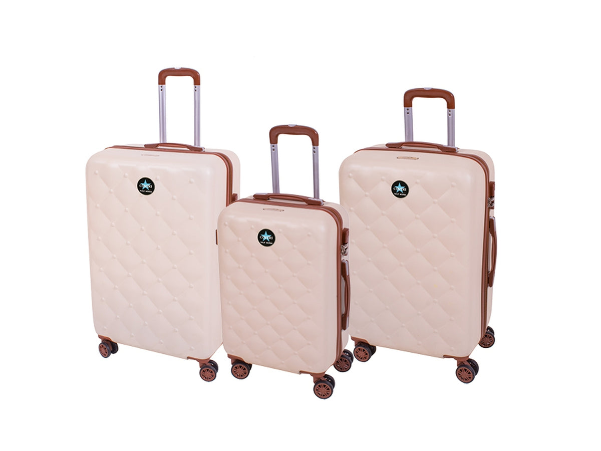 Set 3 trolley Coveri Berlino in ABS beige/marrone con 4 doppie ruote, sacca a rete, elastico ferma indumenti e cerniera singola