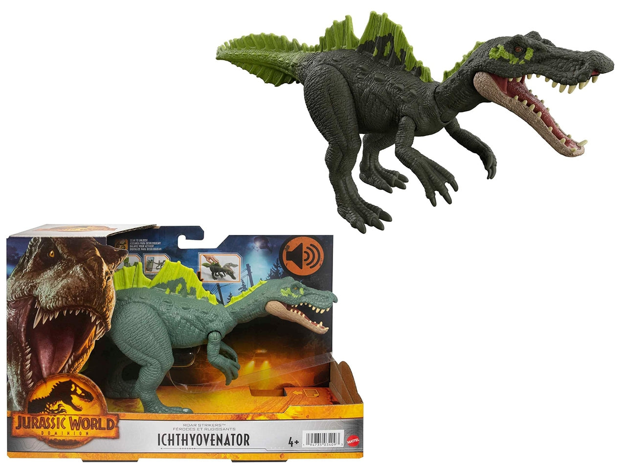 Jurassic World Dominion Assalto Ruggente - Ichthyovenator, dinosauro con ruggito e attacco con morsi, gioco classico e digitale, Giocattolo per Bambini 4+ Anni - Mattel