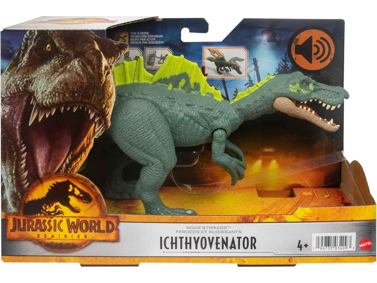 Jurassic World Dominion Assalto Ruggente - Ichthyovenator, dinosauro con ruggito e attacco con morsi, gioco classico e digitale, Giocattolo per Bambini 4+ Anni - Mattel