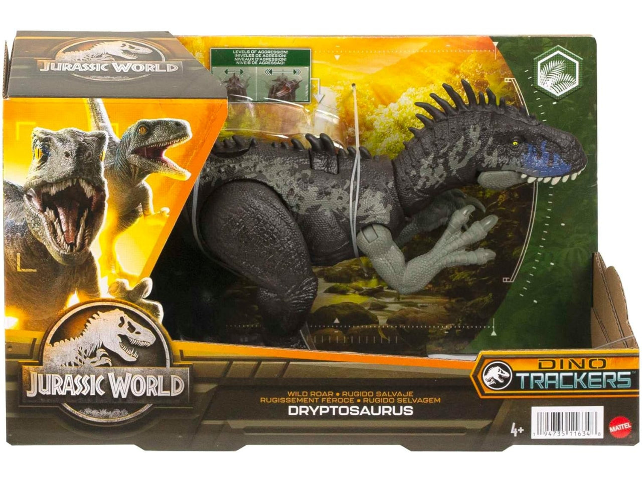 Jurassic World - Ruggito Selvaggio, Driptosauro, con suoni e mosse d'attacco, dimensioni medie, snodato e con gioco digitale?, Giocattolo per Bambini 4+ Anni - Mattel