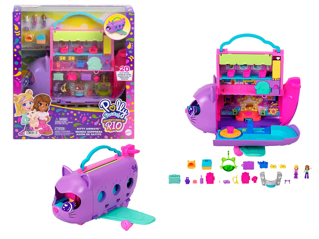 Polly pocket avventura a Rio, giocattolo aereo a forma di gattino per bimbe 4+ Mattel