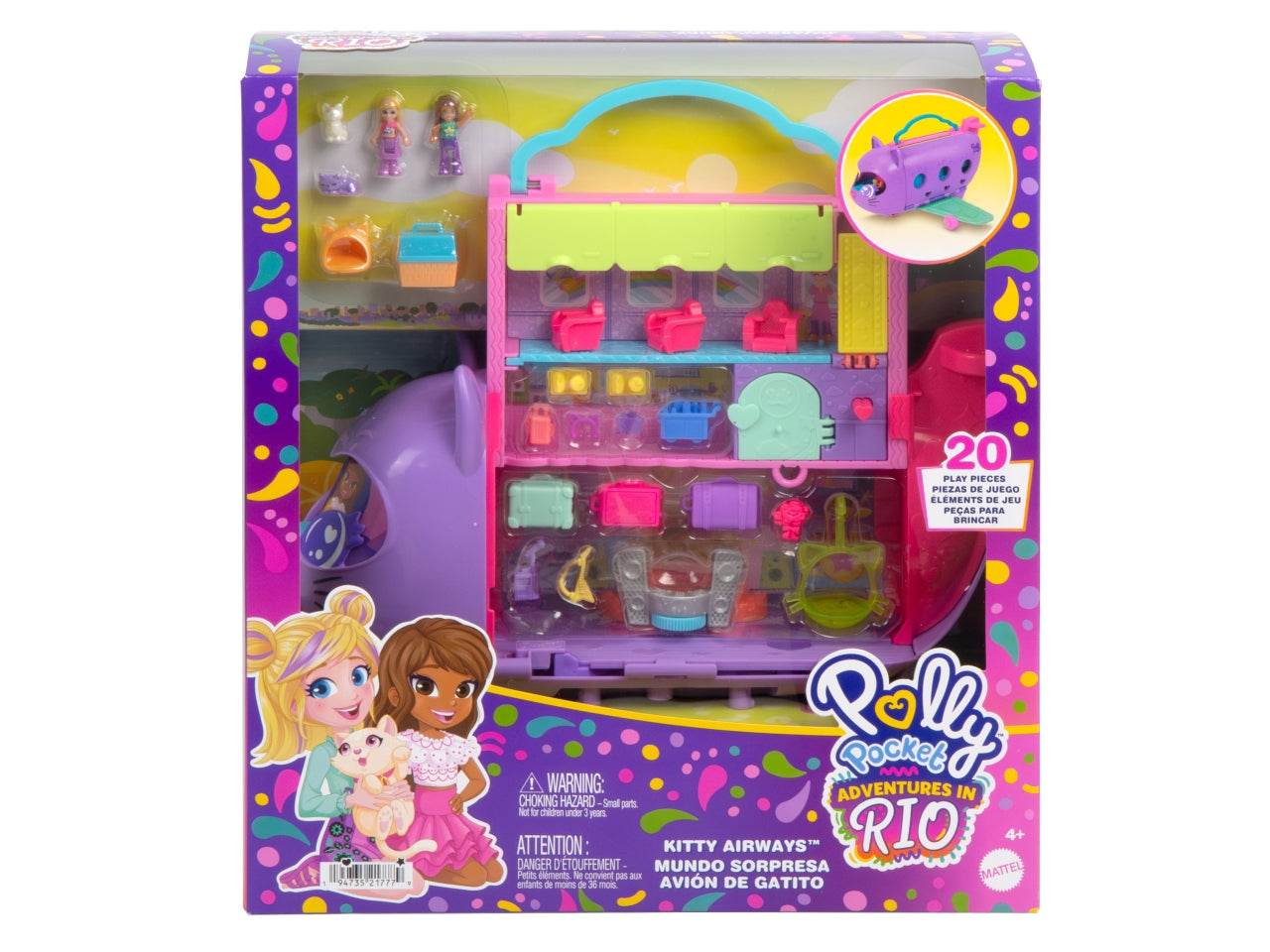 Polly pocket avventura a Rio, giocattolo aereo a forma di gattino per bimbe 4+ Mattel