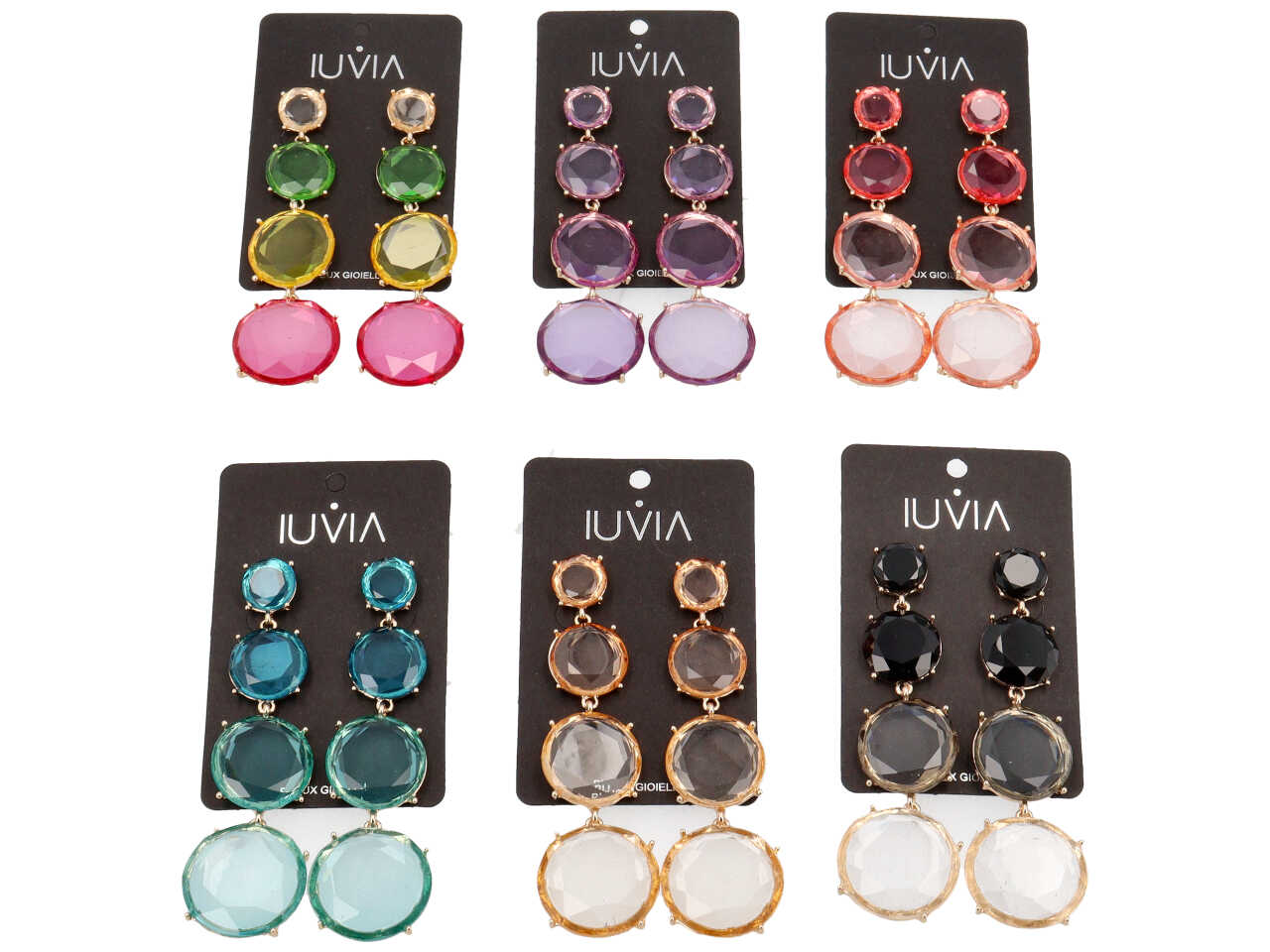 Orecchini donna multidisco in resina e metallo, con 4 cerchi effetto cristallo e dettagli dorati