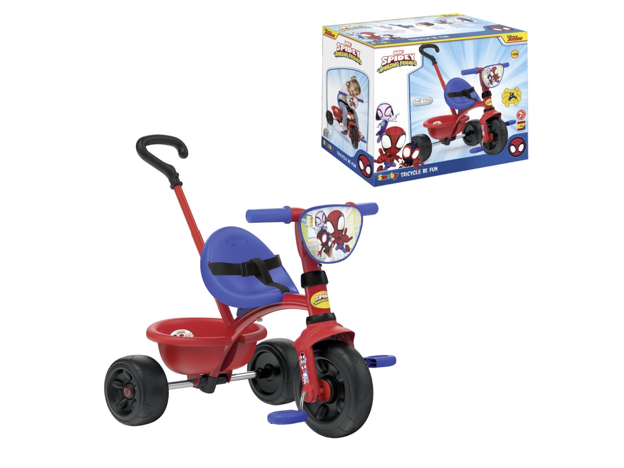 Triciclo Spidey 15 mesi, evolutivo, con asta parentale, licenza ufficiale Spidey, con cintura di sicurezza, vano portaoggetti - Smoby