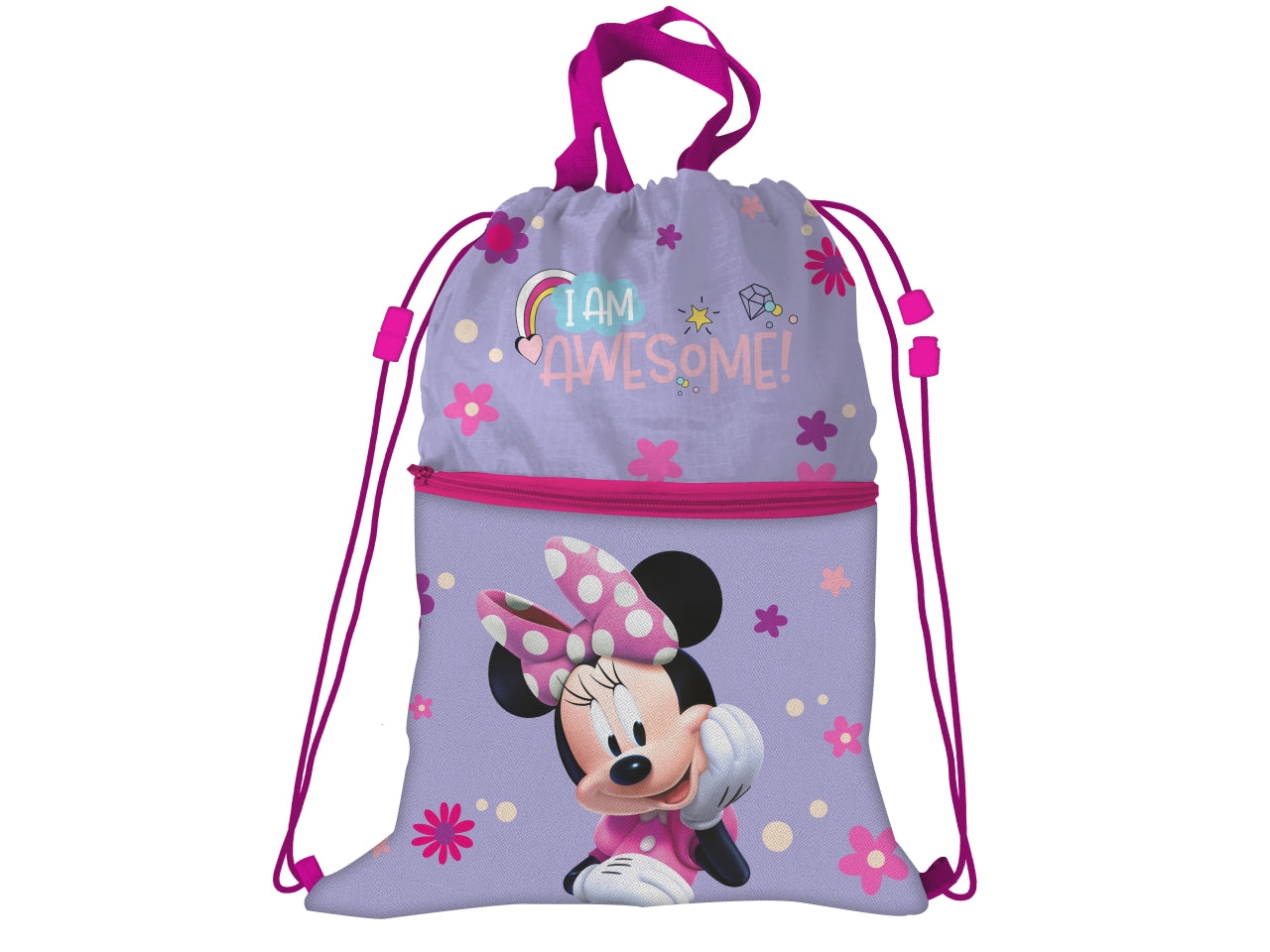 Sacca zaino Minnie bambina lilla e fucsia in poliestere con tasca e zip 44x34 cm - MC Group