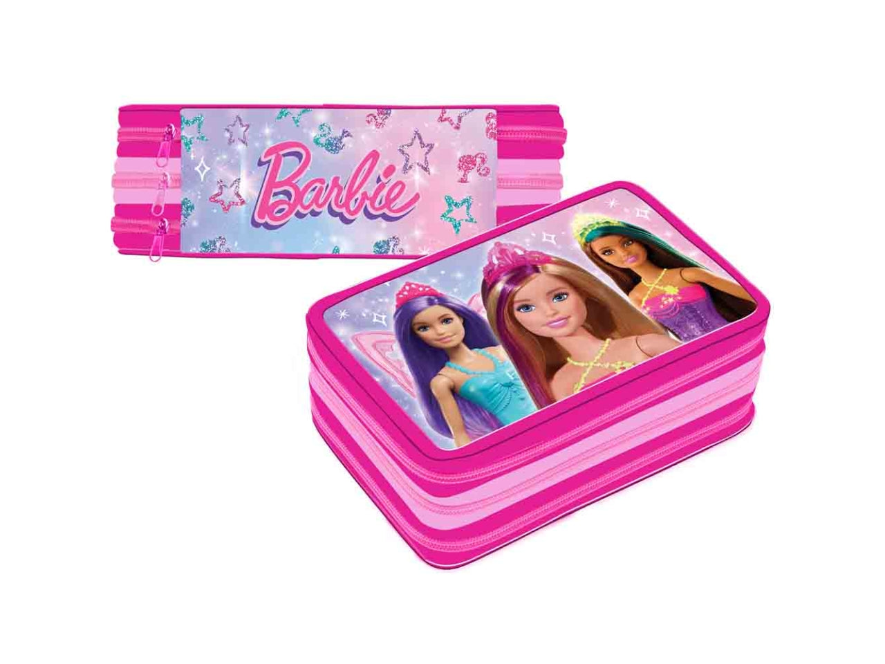 Astuccio scuola Barbie tre scomparti per bambina fucsia e rosa in tessuto sintetico 19,5x12,5x6 cm - Dimagraf