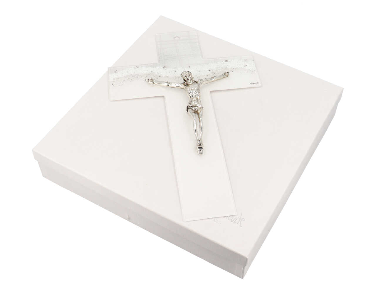 Crocifisso bomboniera prima comunione snow bianco e argentato in vetro e metallo - 34 cm - Giovinarte