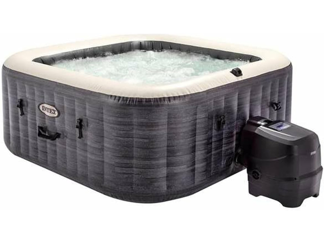 Bubble massage set greystone deluxe 4 posti quadrata con pompa, riscaldatore, sistema di purificazione acqua, 140 getti, telo base, telo copertura, dispenser di cloro