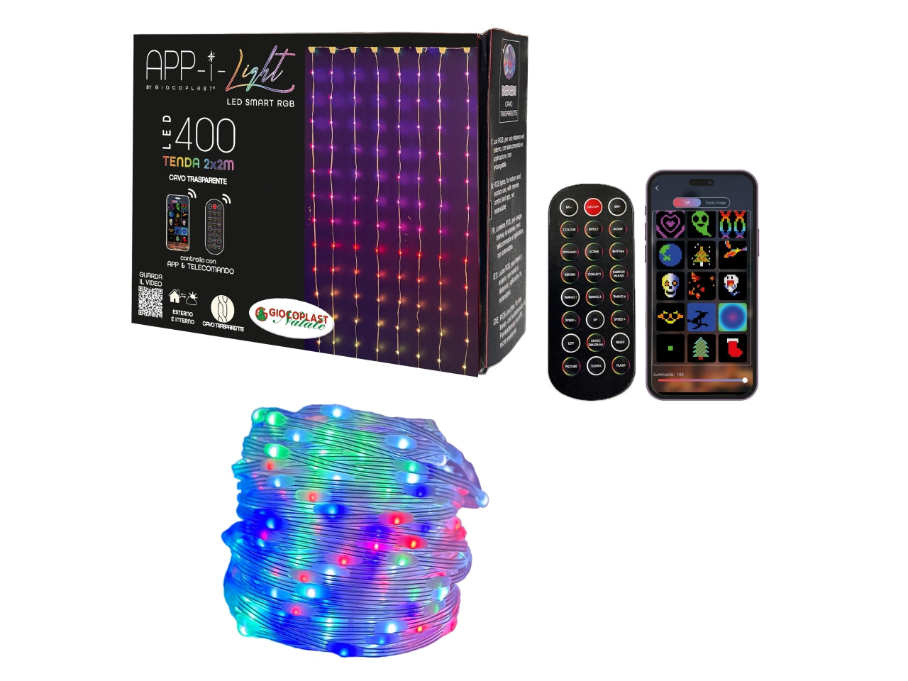 Tenda 400 led app-i light smart rgb, l.2xh.2metri, con telecomando e app, cavo trasparente, trasformatore ip44, uso esterno/interno