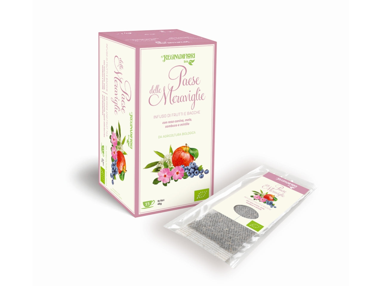 Tisana paese delle meraviglie- rosa canina, mela, sambuco e mirtillo - la confezione comprende 15 astucci da 3gr ciascuno