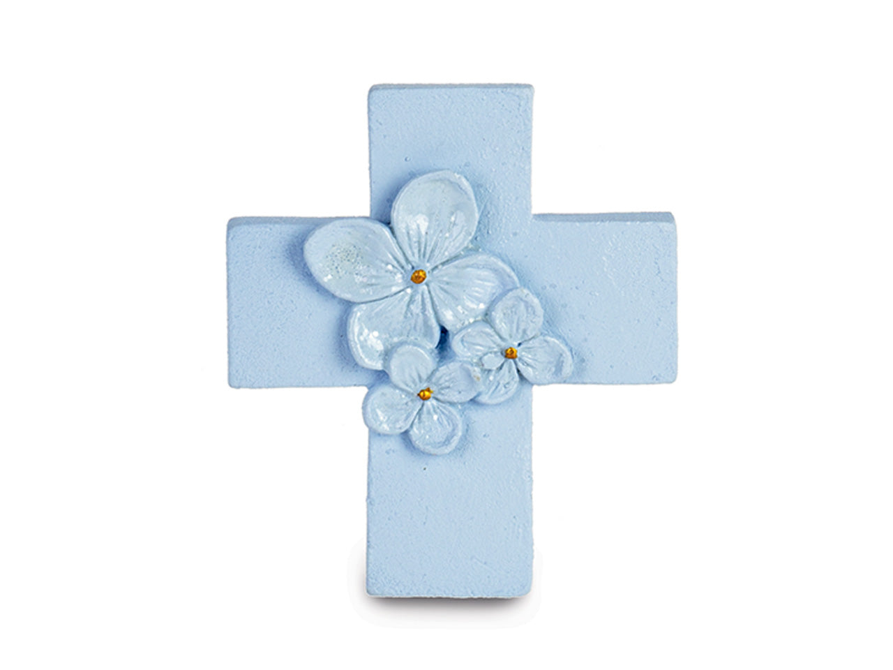 Magnete croce azzurra con fiori glitterati h.5cm