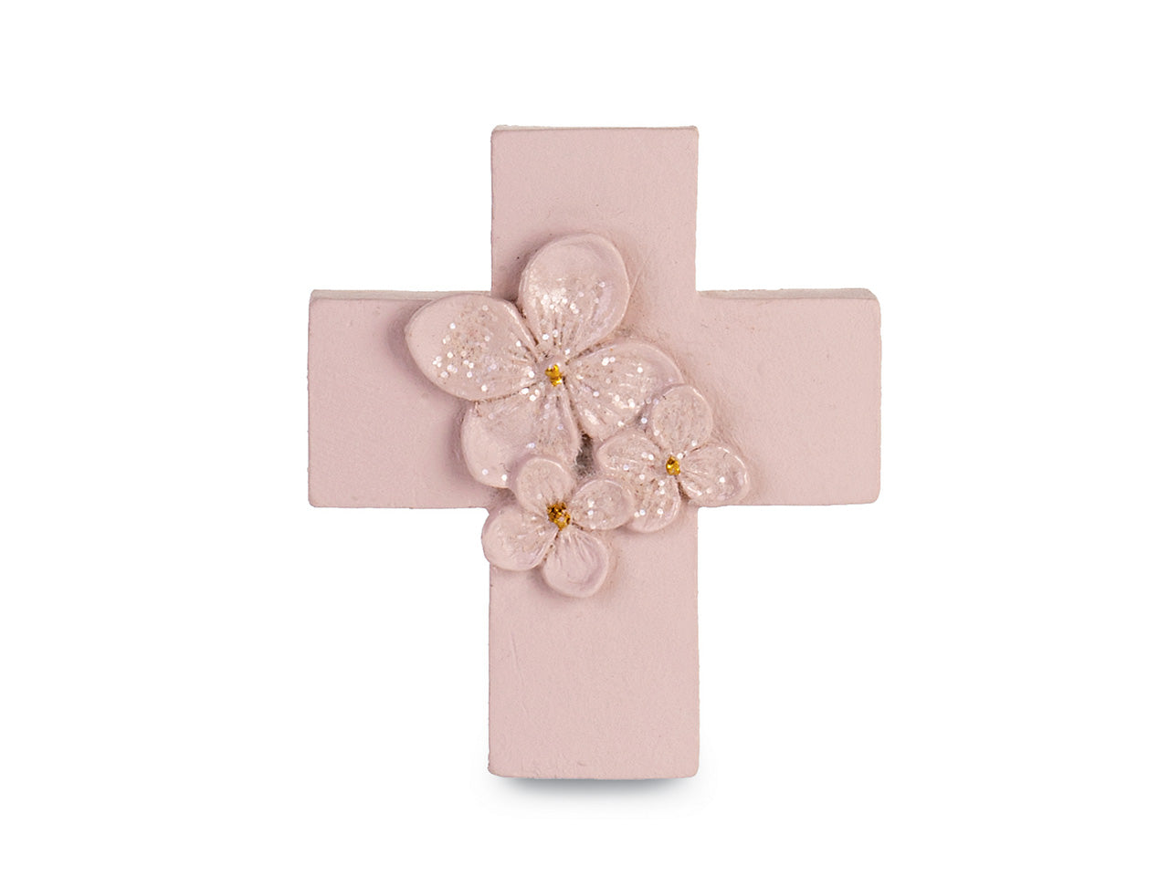 Magnete croce cipria con fiori glitterati h.5cm