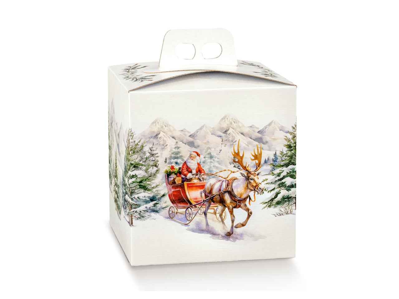 Scatola regalo bianca con decoro paesaggio innevato natalizio per panettoni 21x21x22 cm - Scotton
