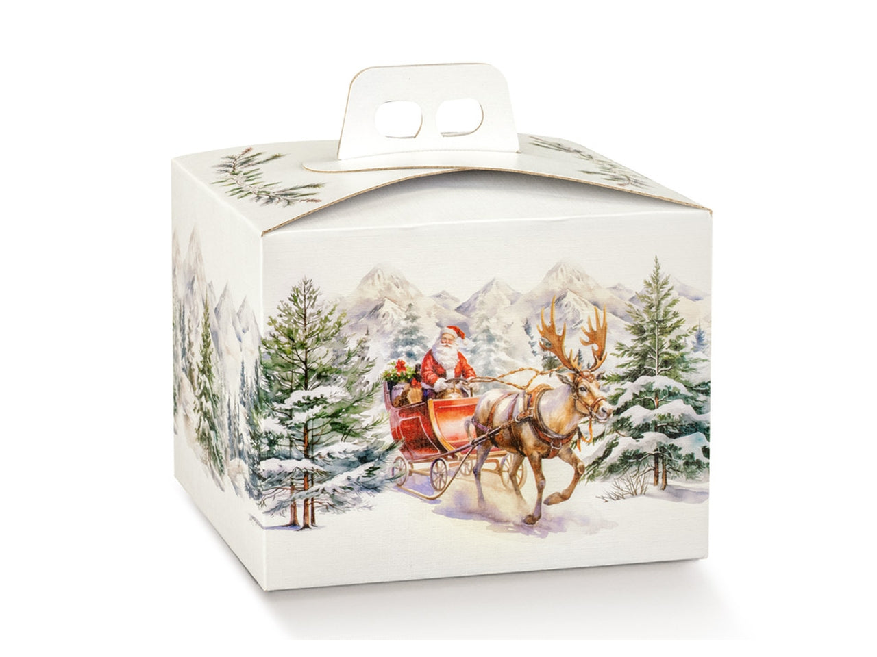 Scatola regalo bianca con decoro paesaggio innevato natalizio per panettoni 24.5x24.5x19 cm - Scotton
