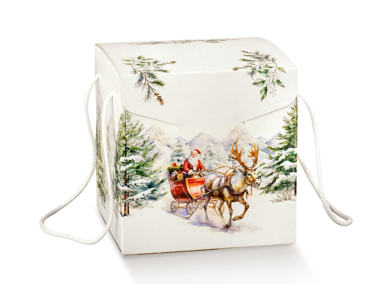 Scatola regalo bianca con decoro paesaggio innevato natalizio 24,5x24,5x18 cm - Scotton