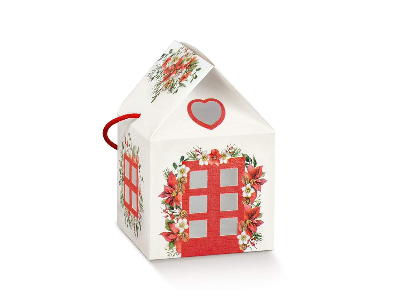 Scatola regalo casetta con cordino bianco e rosso decoro floreale natalizio 12x12x11 cm - Scotton