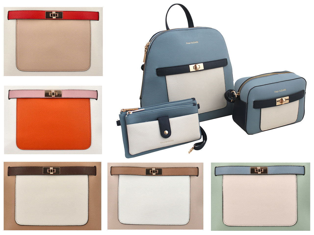 Set 3 pezzi donna zaino, borsa e portafoglio in ecopelle, colori assortiti - Naj Oleari -