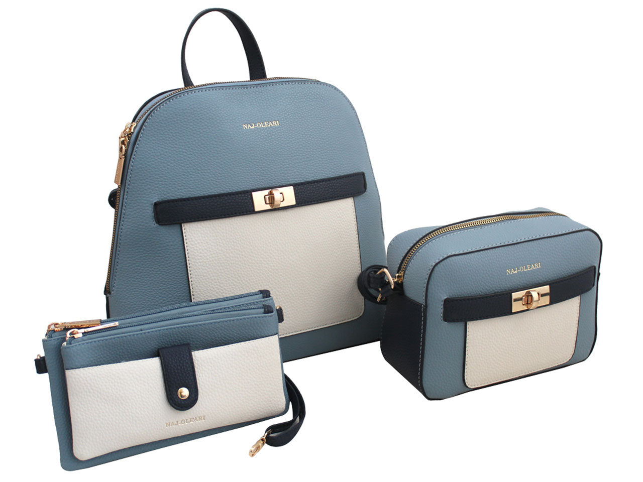 Set 3 pezzi donna zaino, borsa e portafoglio in ecopelle, colori assortiti - Naj Oleari -