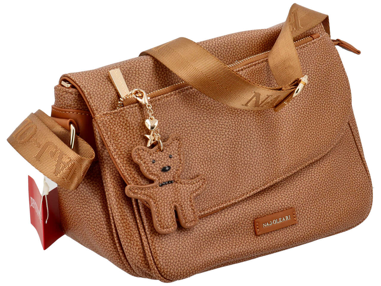 Borsa con tracolla da donna cuoio in similpelle con ciondolo orsetto, 20x28x14 cm - Naj Oleari