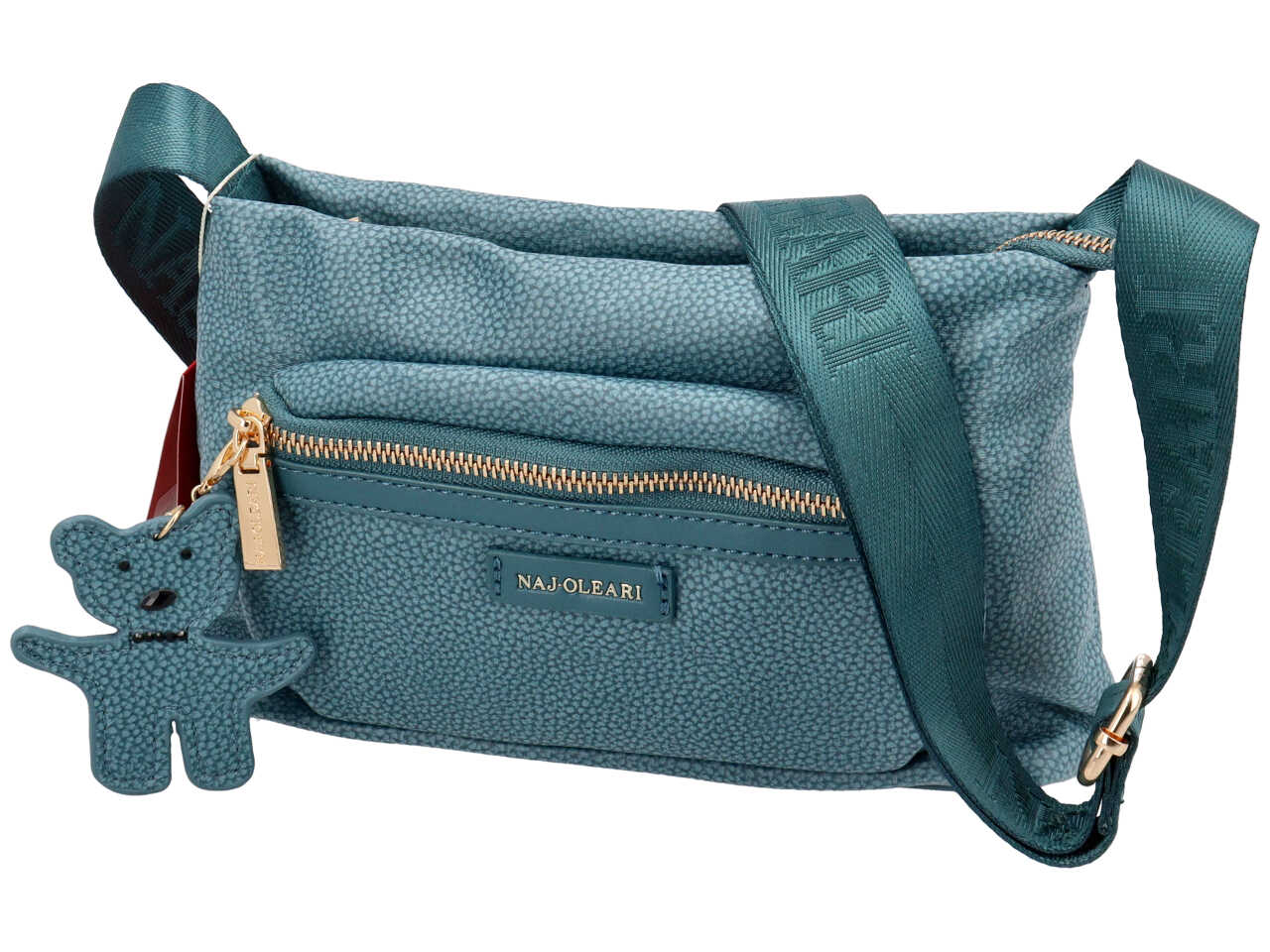 Borsa con tracolla da donna in similpelle colore blu jeans con ciondolo orsetto,15x26x6,5 cm - Naj Oleari