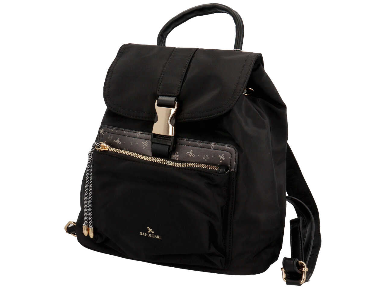 Zaino da donna nero in tessuto con pattina e chiusura a fibbia, 30x30x12 cm - Naj Oleari