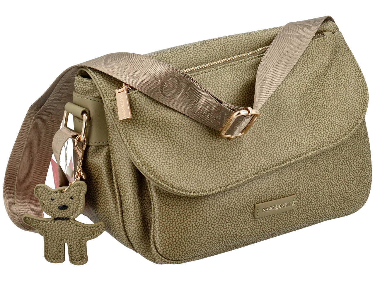 Borsa con tracolla da donna verde oliva in similpelle con ciondolo orsetto, 20x28x14 cm - Naj Oleari