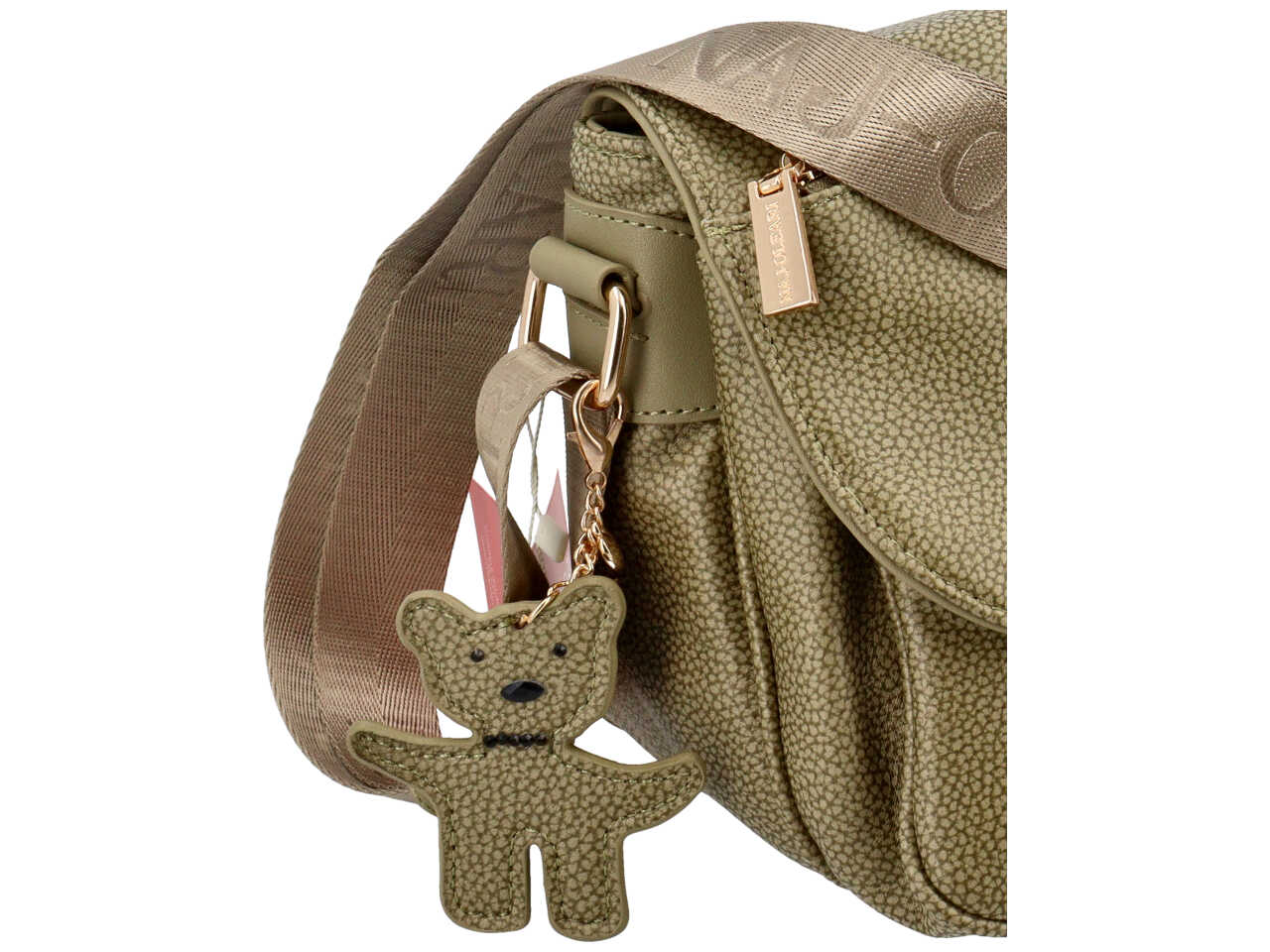 Borsa con tracolla da donna verde oliva in similpelle con ciondolo orsetto, 20x28x14 cm - Naj Oleari
