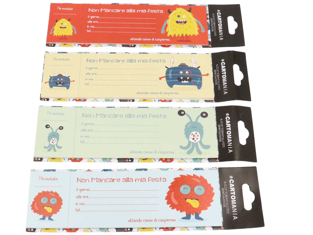 Inviti per festa linea cartomania monster in 4 soggetti misura 7,5x23cm - la confezione comprende 20 inviti