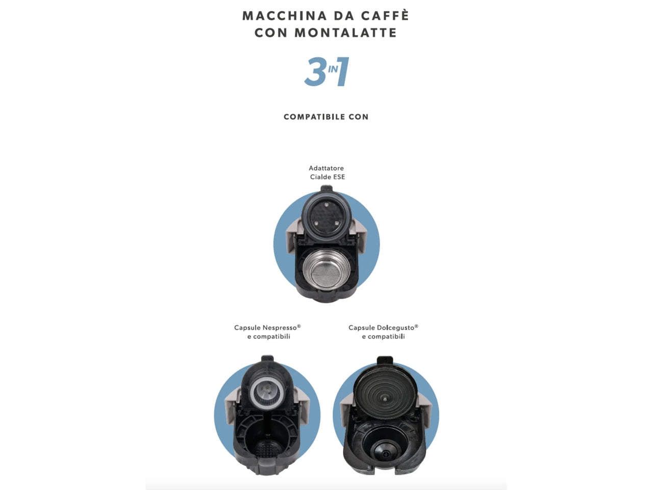 Macchina per il caffè 3in1 Emily Express&Milk nero con adattatori per capsule e cialde Dictrolux