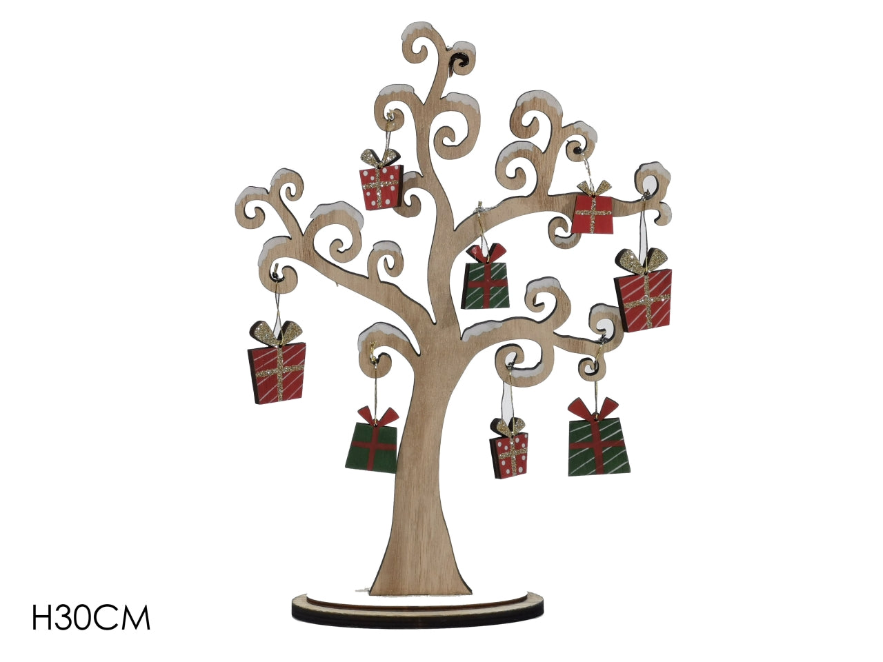 Decorazione natalizia albero di Natale su base in legno rosso, verde e bianco con regali a pendaglio 30 cm Vestiamo Casa