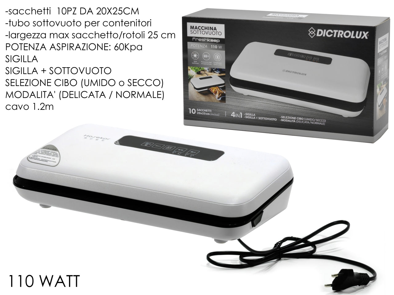 Macchina sottovuoto 4in1 FreshKeep, potenza 110W, bianco e nero - Dictrolux