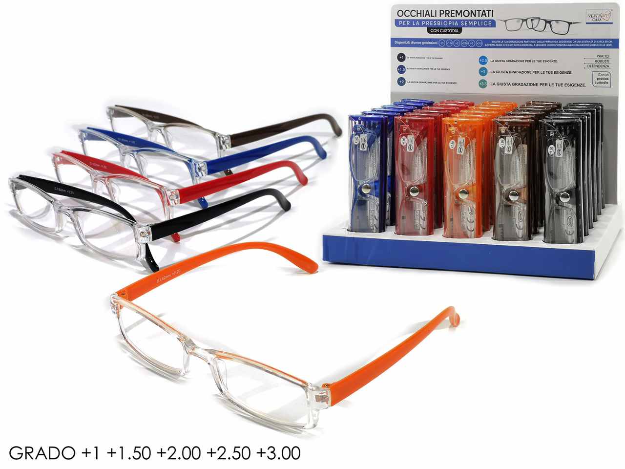Occhiali lettura premontati con astuccio, rettangolare colori assortiti - diottrie: + 1.00 a + 3.00
