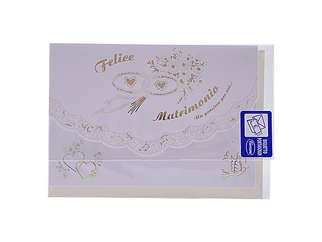 Biglietto auguri matrimonio porta soldi bianco con scritte dorate