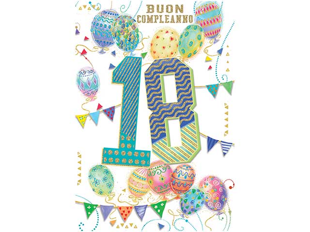 Biglietto di auguri di buon compleanno 18 anni bianco-verde-blu 12x18 cm