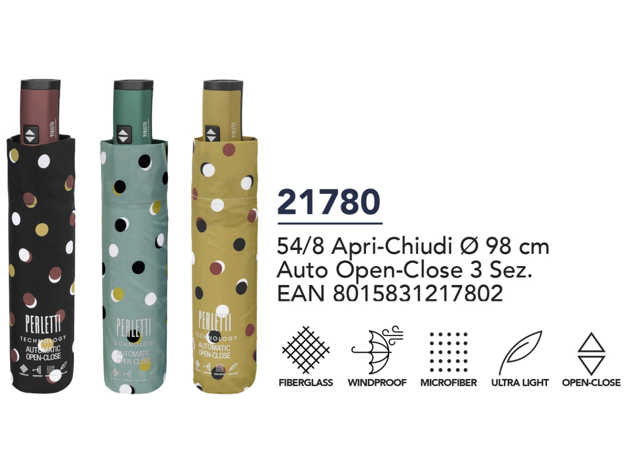 Ombrello tascabile da donna con apertura automatica 3 colori assortiti a pois tecnologia apri&chiudi - Perletti