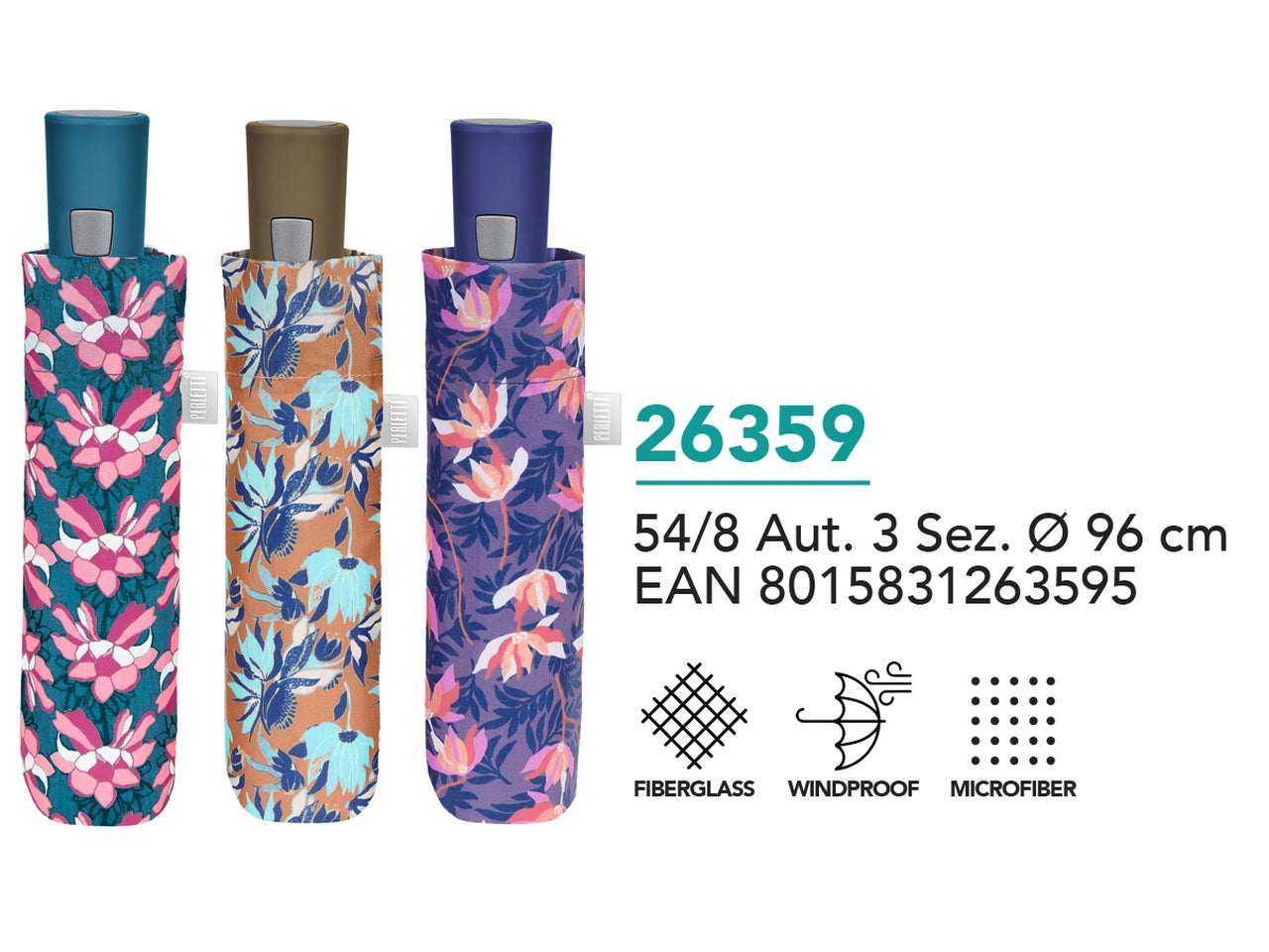 Ombrello da donna mini con apertura automatica in 3 colori assortiti a fantasia floreale - Perletti