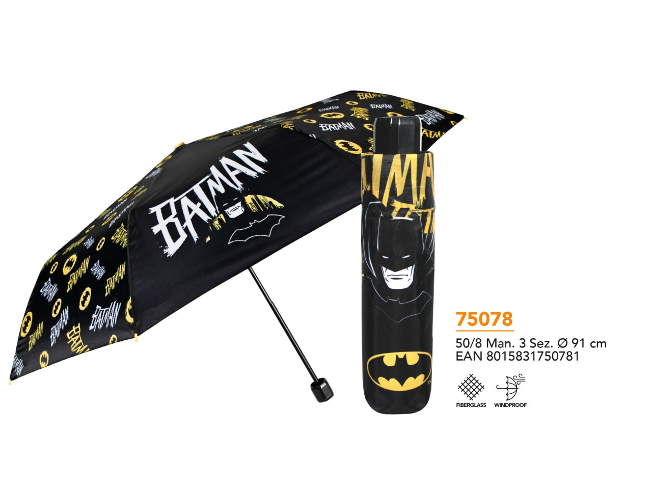 Ombrello tascabile Batman da bambino nero e giallo, apertura manuale - Perletti